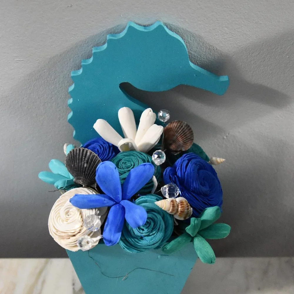Ocean/Beach theme wall hanging seahorse planter with Sola wood flowers in ocean